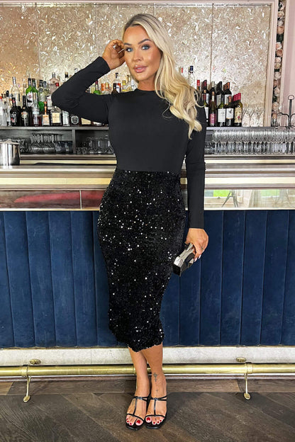 Black Sequin 2 in 1 Long Sleeve Mini Dress