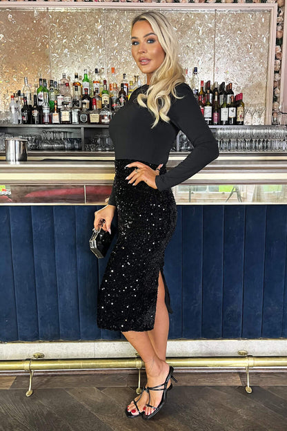 Black Sequin 2 in 1 Long Sleeve Mini Dress